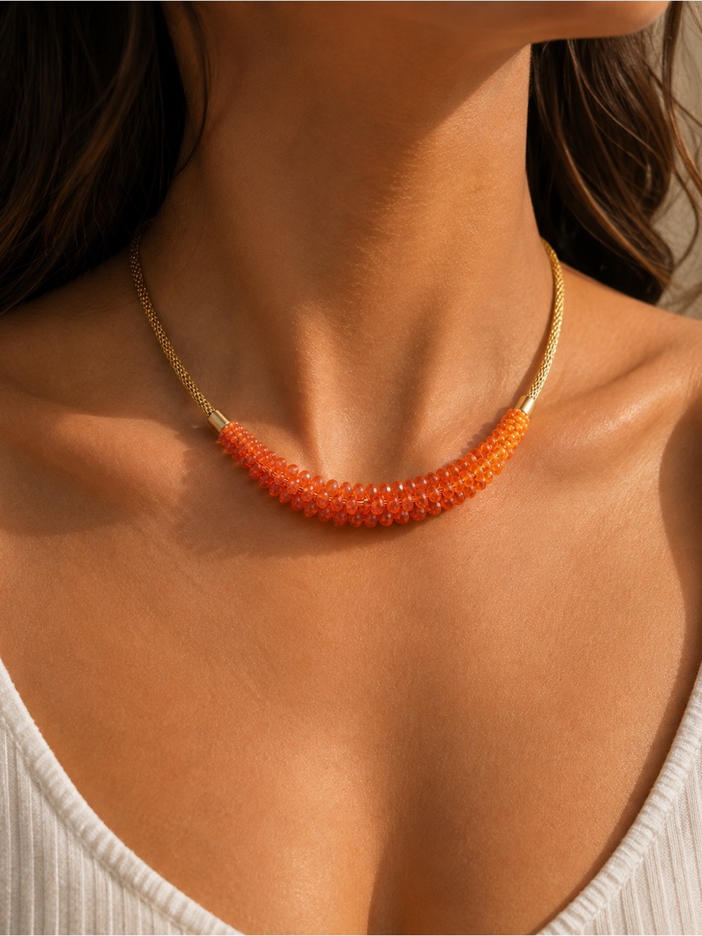 Gold-Tone Necklace with Vibrant Orange Beaded Accent